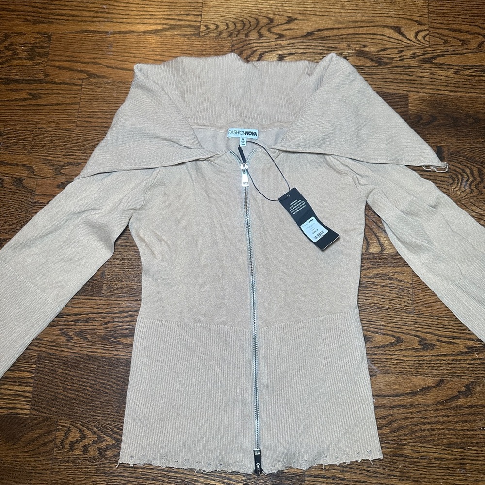 Fashion Nova Tan Zip-Up Sweater